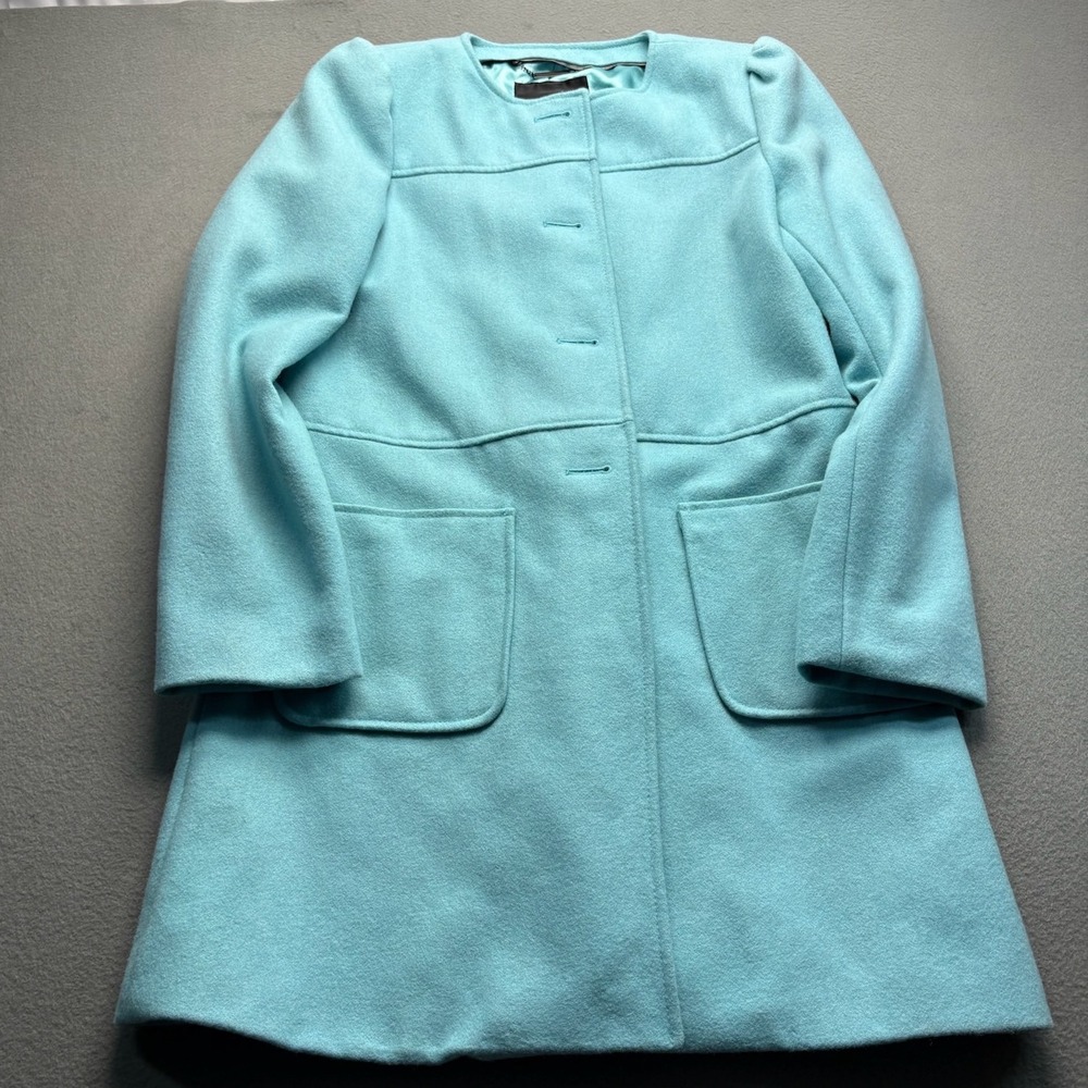 Mossimo Coat Womens Small Turquoise Blue Wool Blend Puff Shoulder Collarless Mid